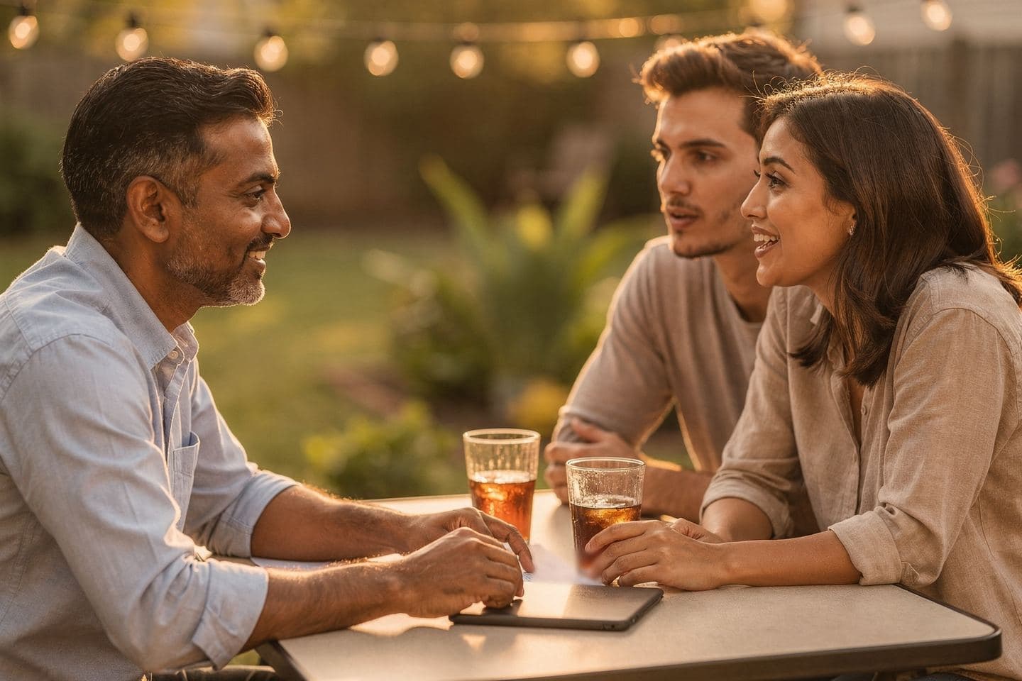 An in-home sales consultant talks with a young couple at a patio table under string lights.
