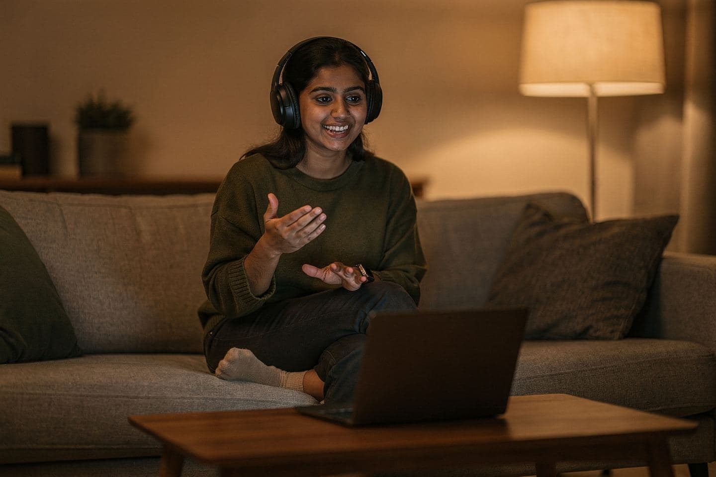 A sales rep in headphones practices a pitch out loud to her laptop from her living room sofa.