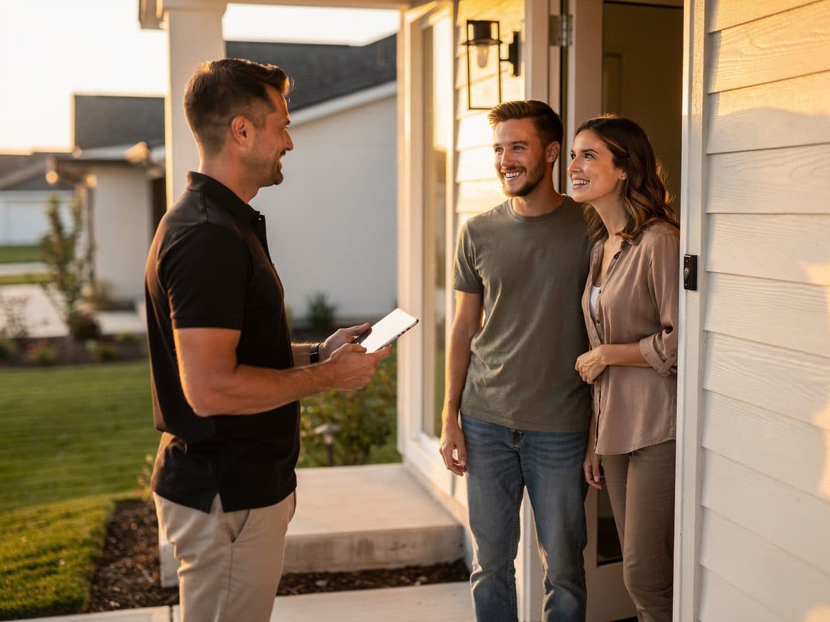 A home security rep shows a tablet to a young couple at their door