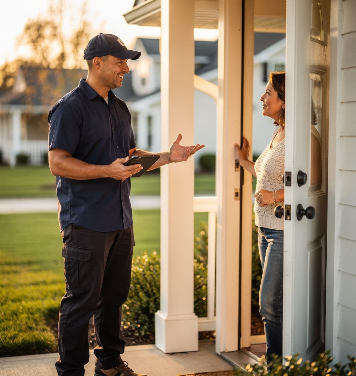 A pest control technician talking with a homeowner at her front door