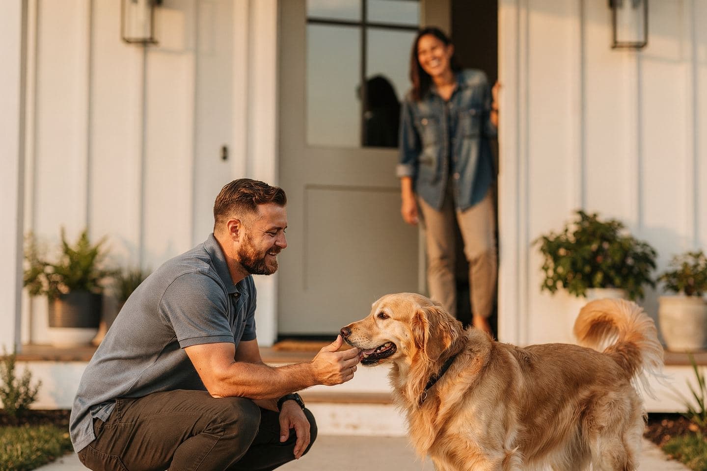 A sales rep crouches to greet a golden retriever while the homeowner laughs in the doorway of a white farmhouse.