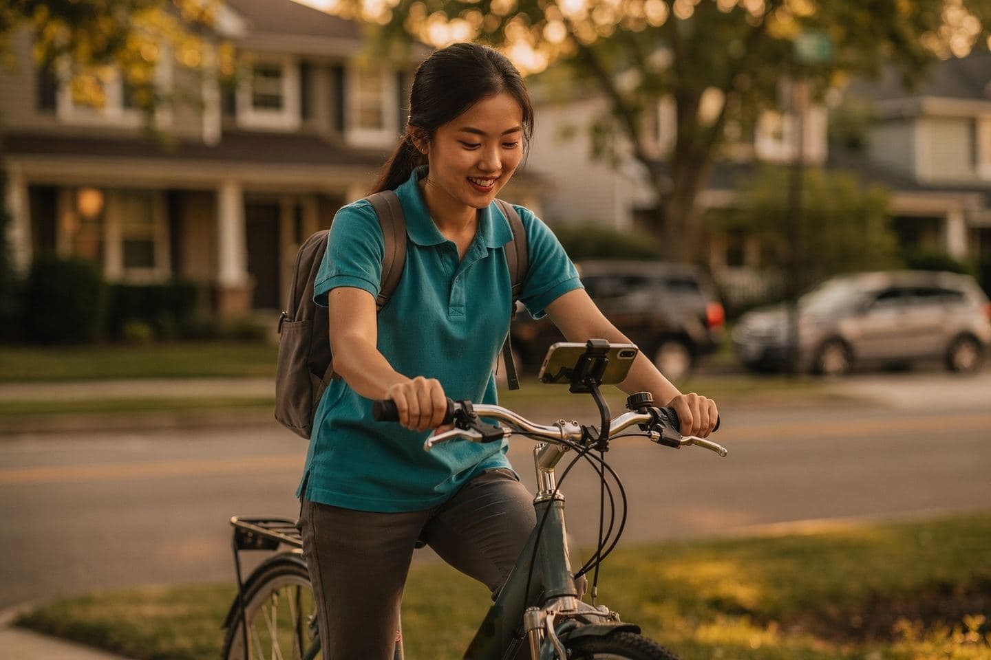 A young sales rep on a bicycle smiles at the phone mounted on her handlebars before riding to the next street.