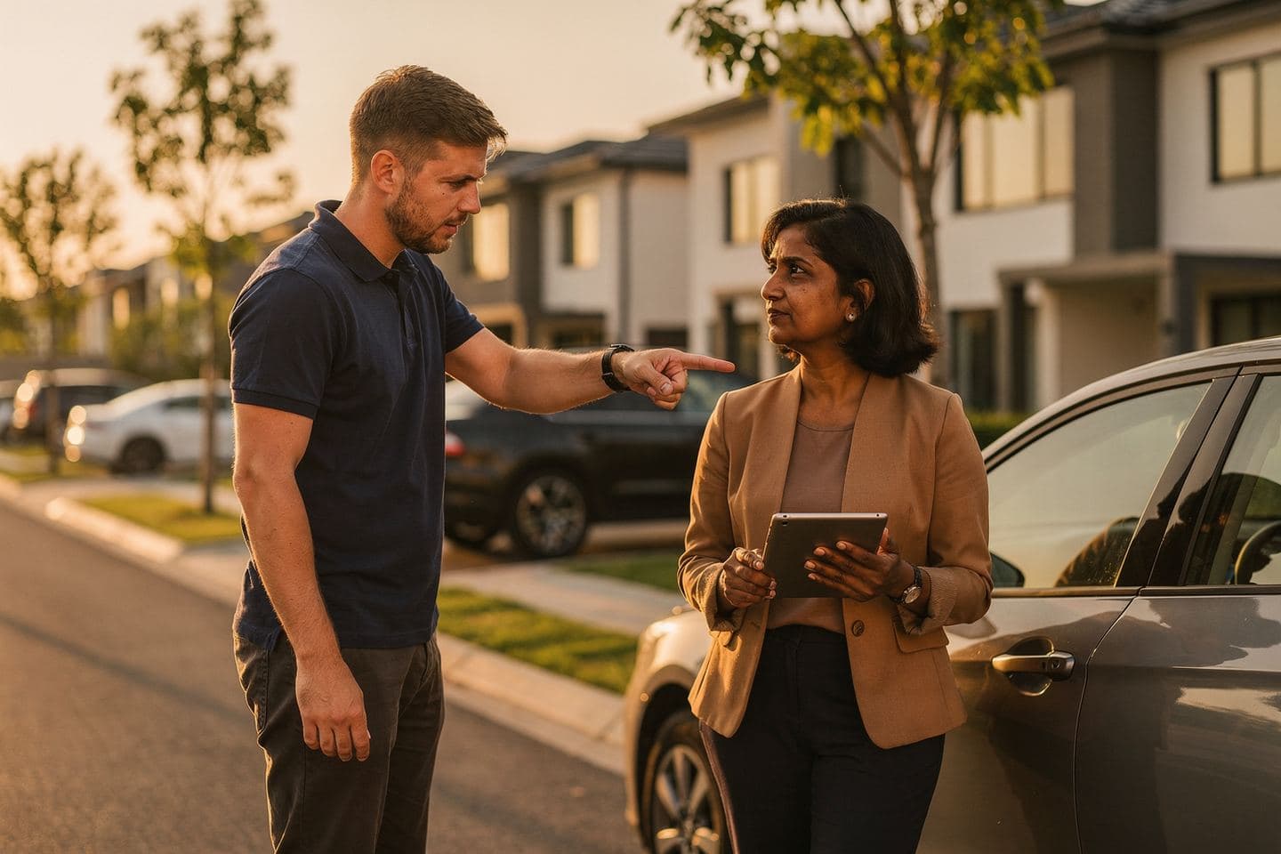 A field sales manager holding a tablet plans the next street with a rep beside a parked car.