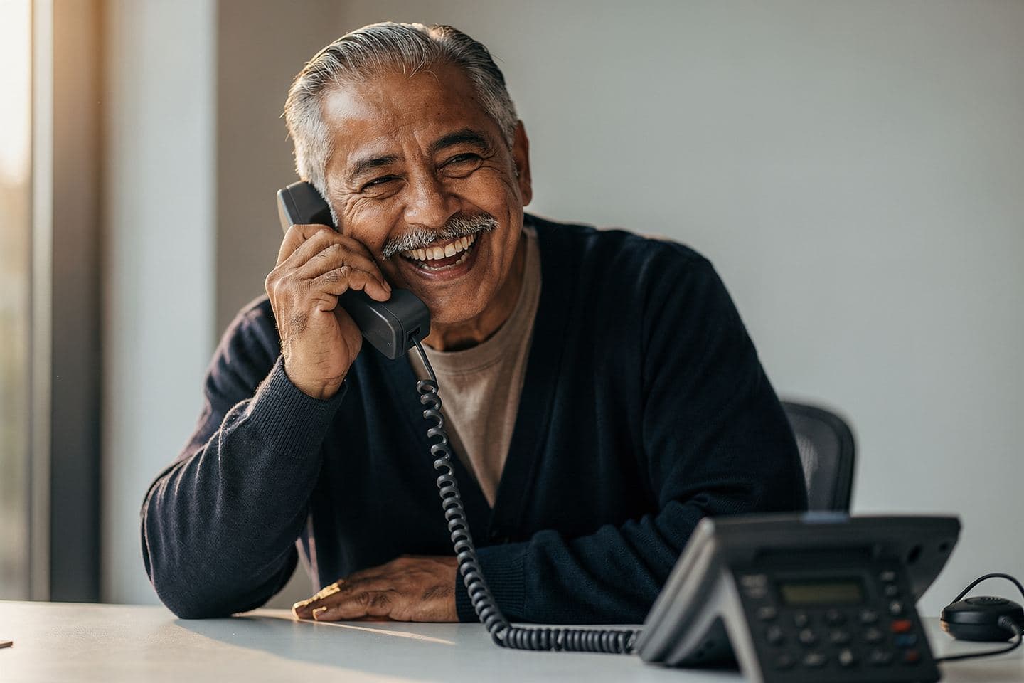 An older customer service rep laughs into a desk phone handset in a pest control office.