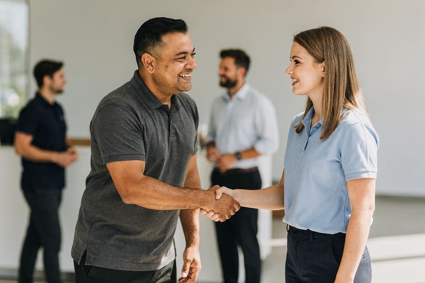 A sales manager welcomes a new rep with a handshake on her first day in a bright office lobby.