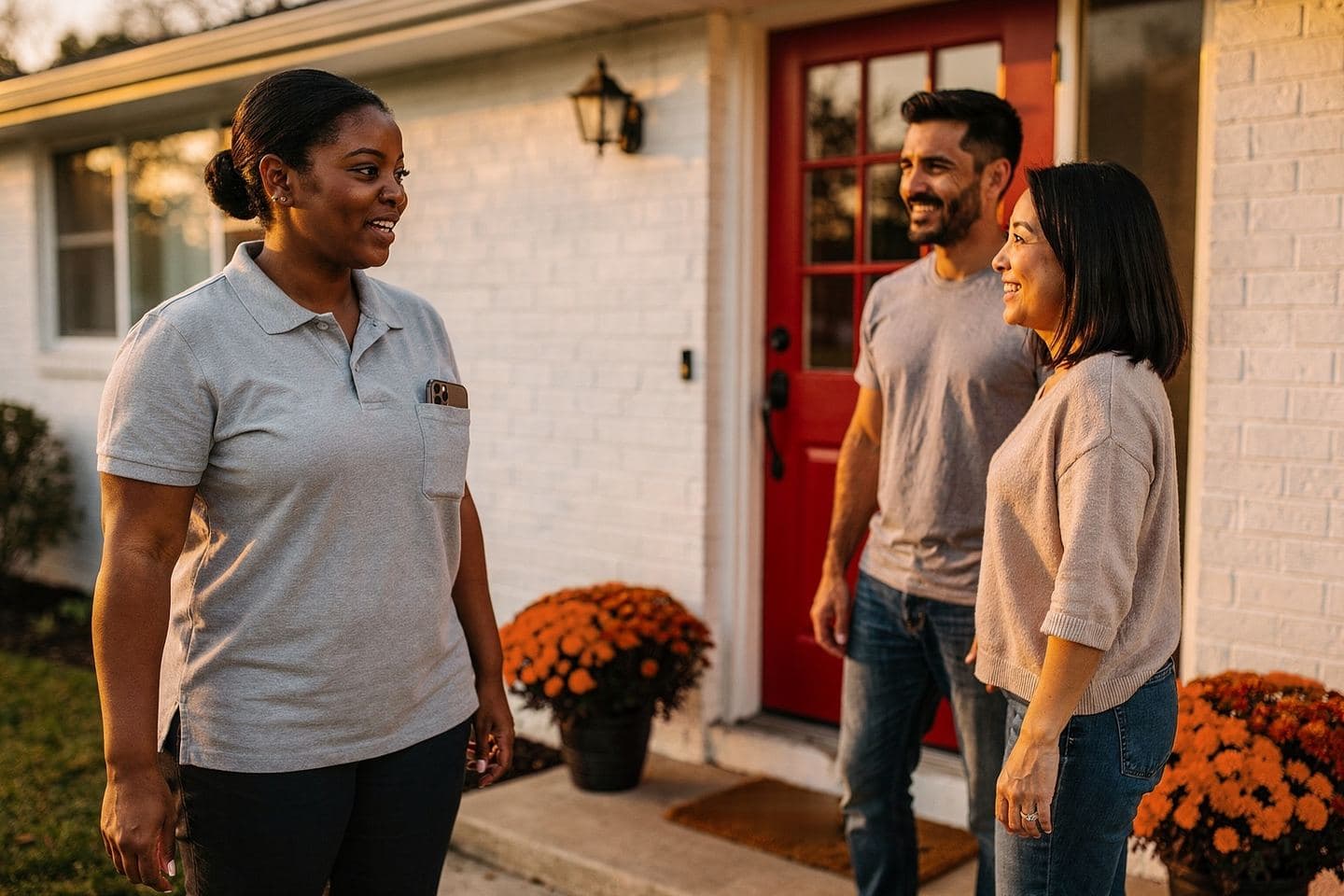 A sales rep with her phone in her shirt pocket talks with a smiling couple outside their red front door.