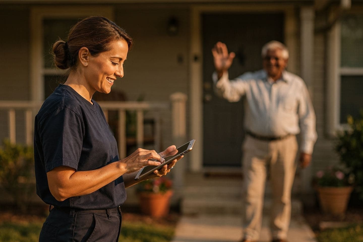A technician taps notes into a tablet as the homeowner waves goodbye from his porch.