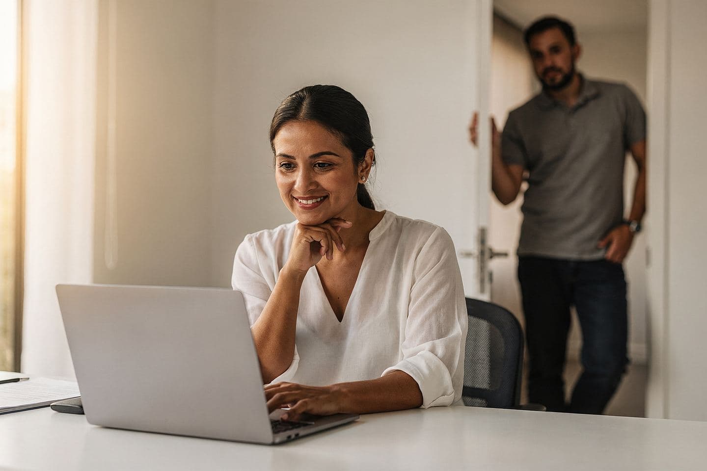 A sales manager reviews results on her laptop while a rep leans in her office doorway.