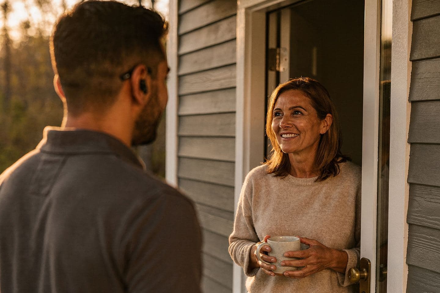 Seen over a rep's shoulder, a homeowner holding a mug smiles as she talks with him at her front door.