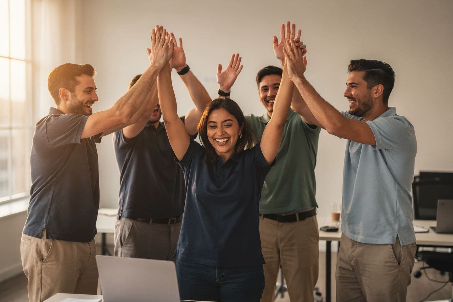 A young rep throws both arms up as her teammates cheer and high-five around her in a sunny office.