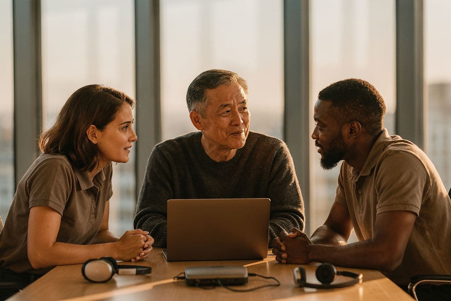 A regional sales manager and two team leads lean in over a laptop in a sunny conference room.