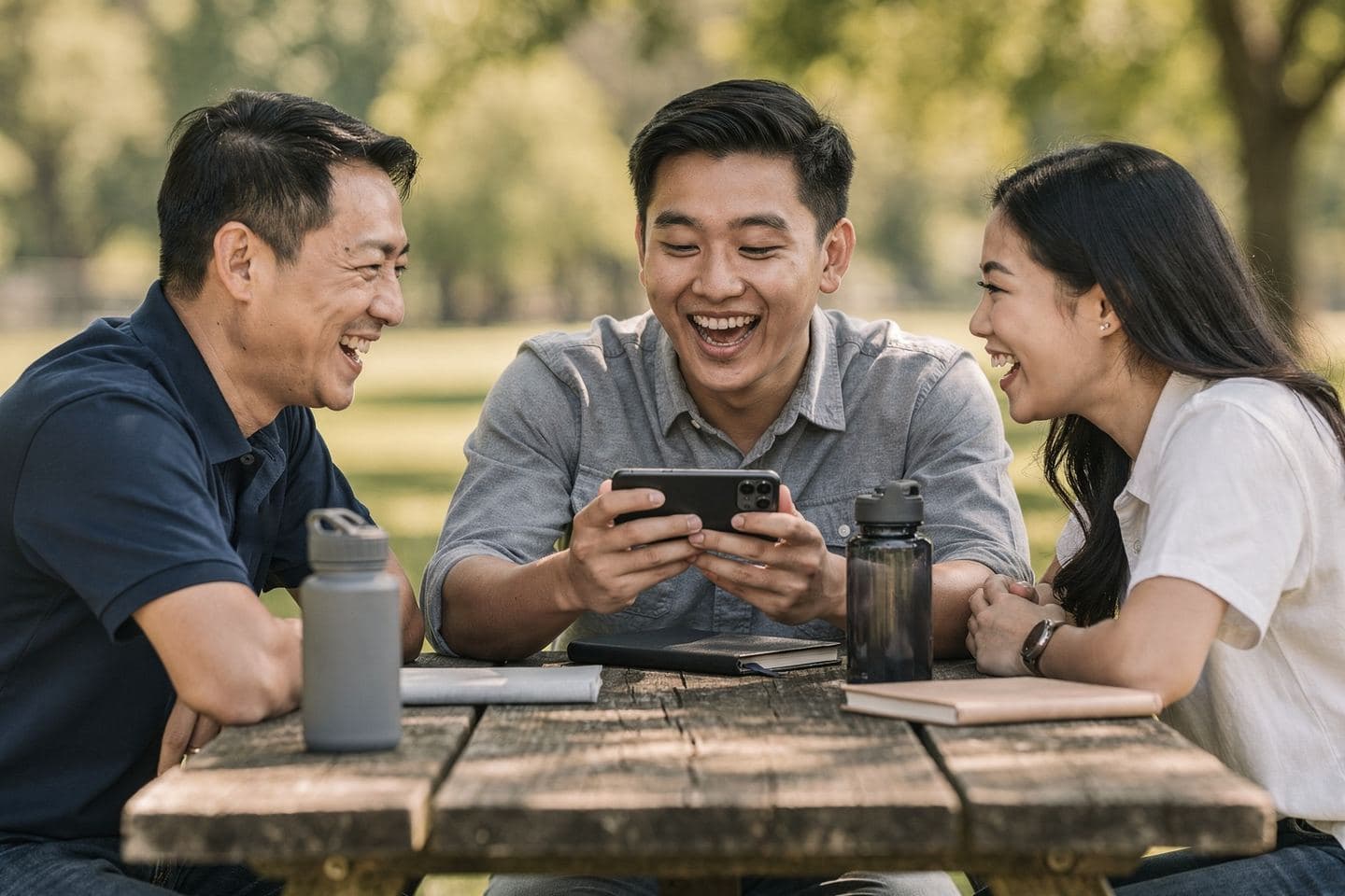 A manager and two reps laugh at a recorded conversation playing on a phone at a picnic table.