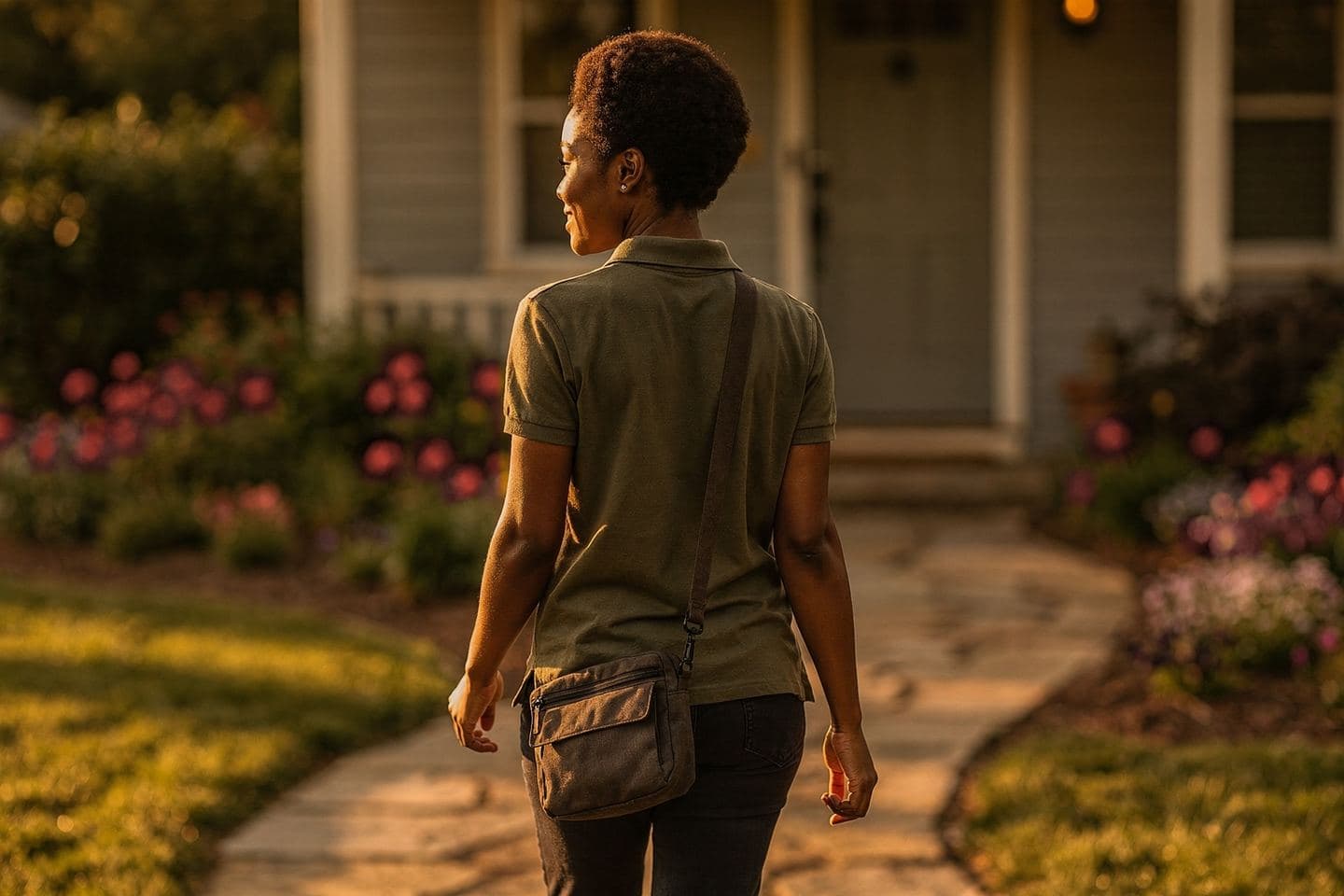 A sales rep walks up a stone path toward the front door of a cottage lined with flower beds.