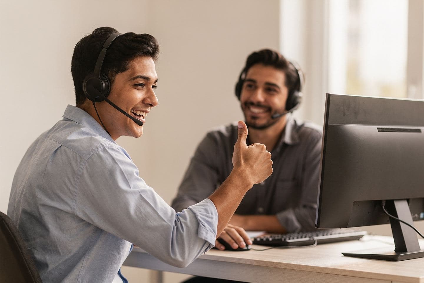 A customer service rep in a headset gives a thumbs up to a smiling coworker after resolving a call.