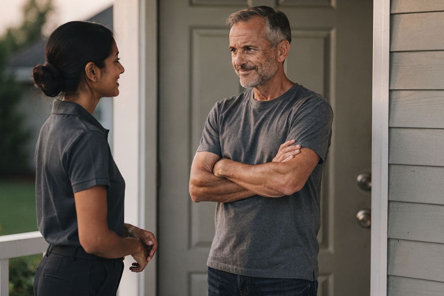 A homeowner with his arms crossed and a skeptical half smile listens to a calm sales rep at his door.
