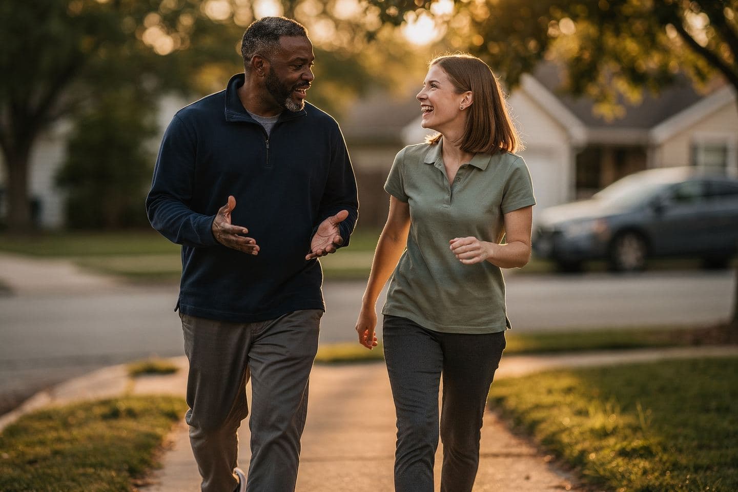 A sales manager and a young rep walk a neighborhood sidewalk together, laughing about the last door.