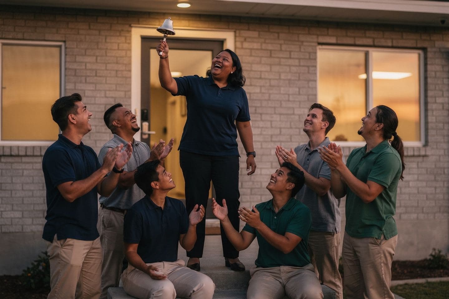 A rep rings a small hand bell on the office steps while her teammates cheer and clap around her.