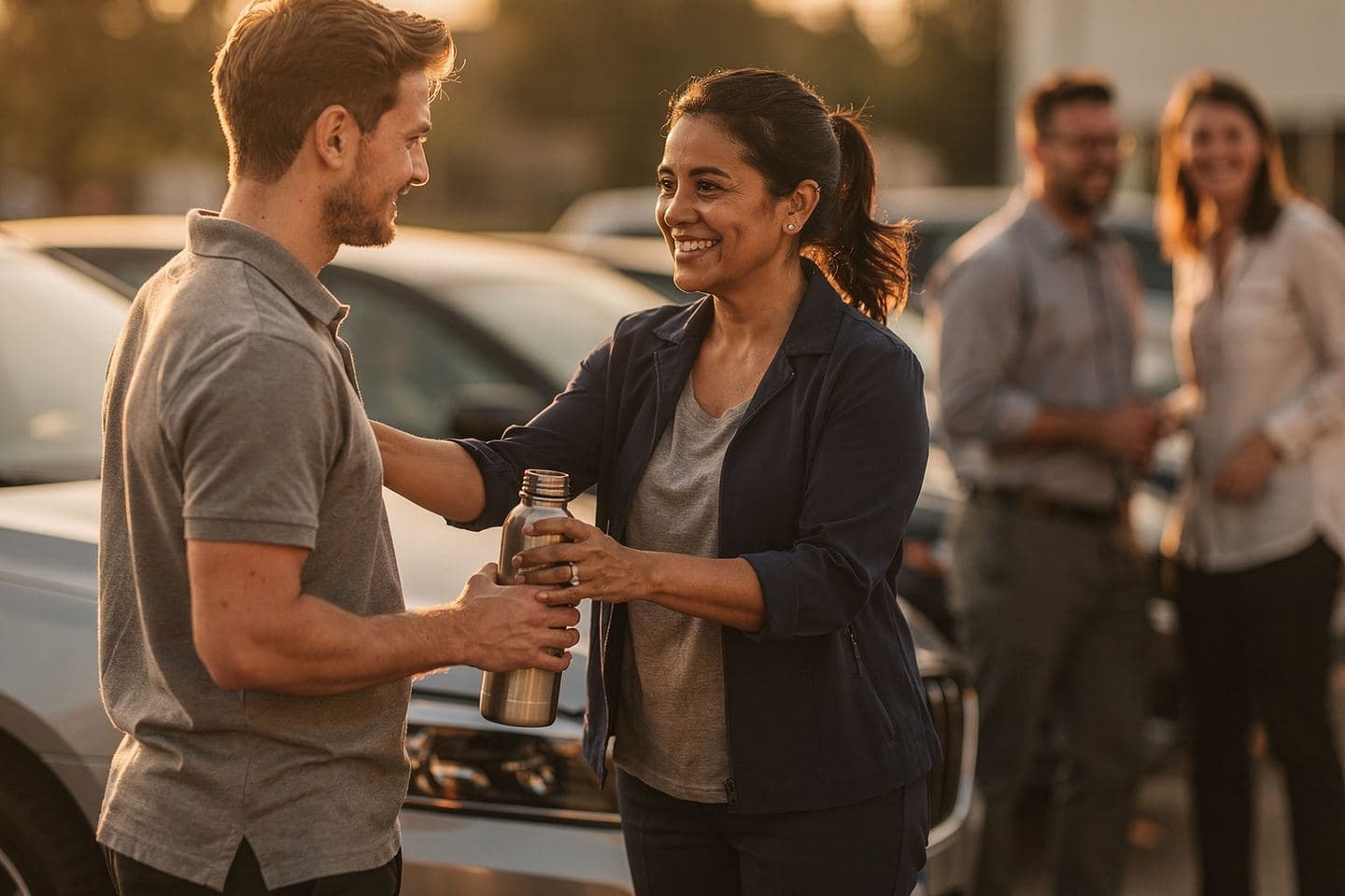 A sales manager hands a young rep a water bottle at the end of the day as teammates chat nearby.