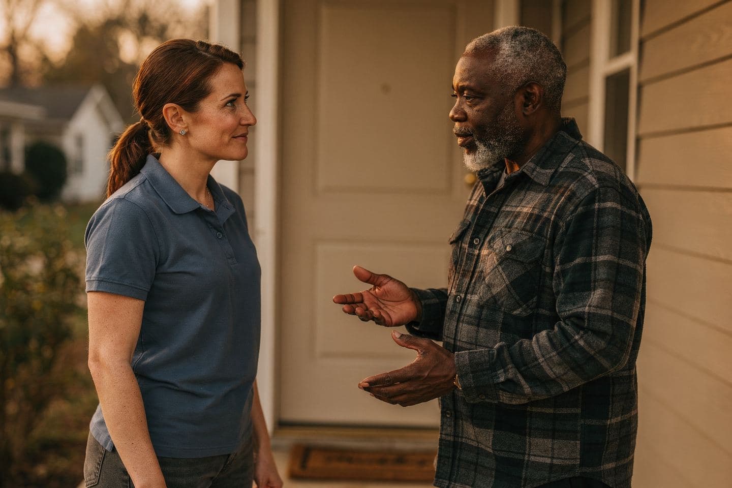 A sales rep listens closely as an older homeowner explains something on his front porch.