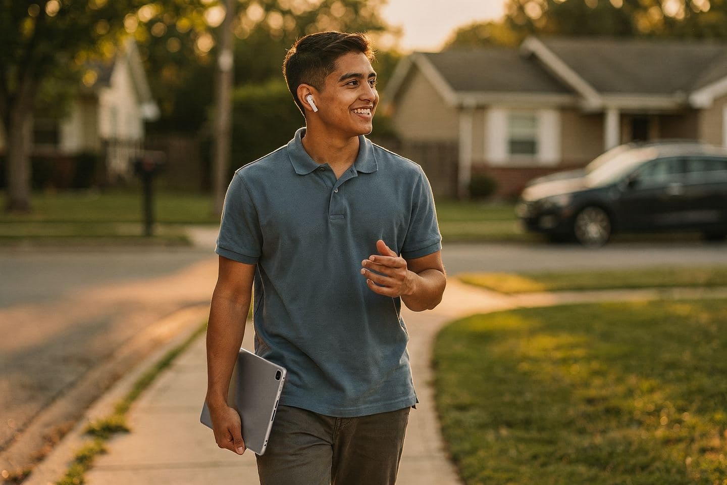 A young sales rep with an earbud in smiles as he walks to the next house with a tablet under his arm.