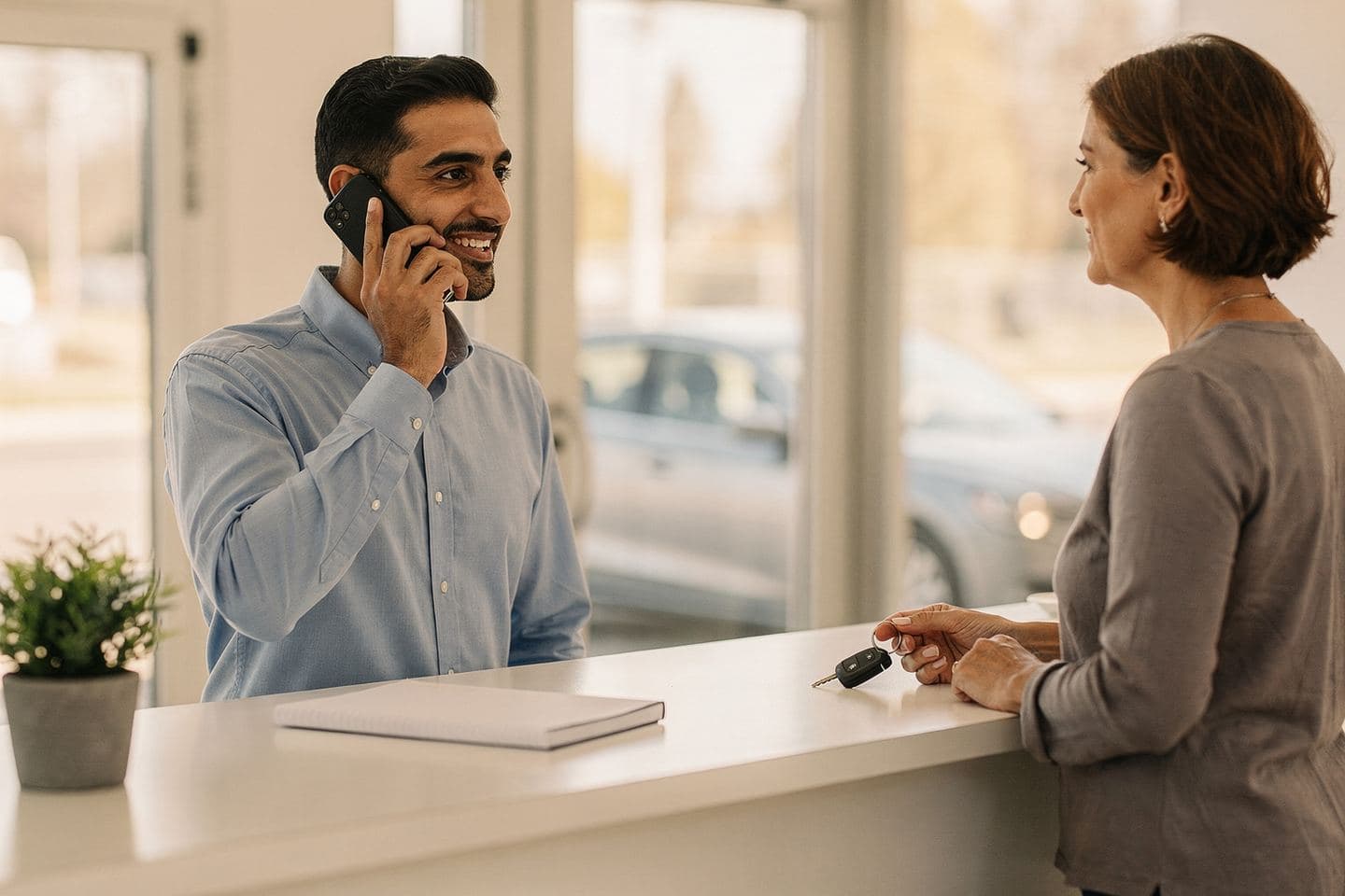 A service advisor on the phone smiles at a customer holding her car keys at a dealership service counter.