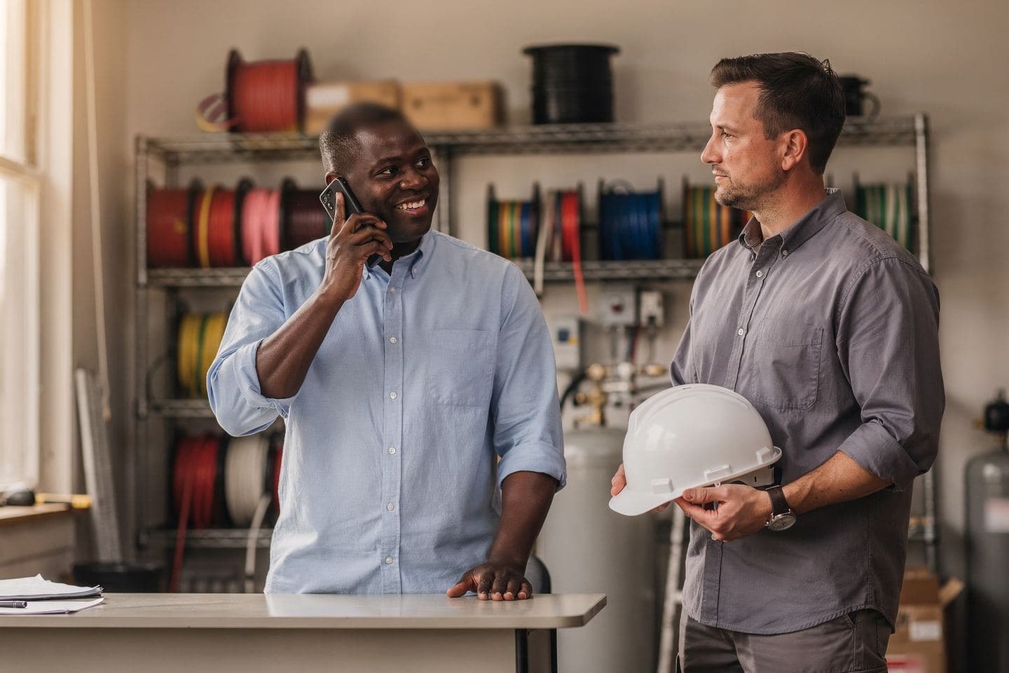 An electrical contractor's office manager takes a call while an electrician holding a hard hat waits beside him.