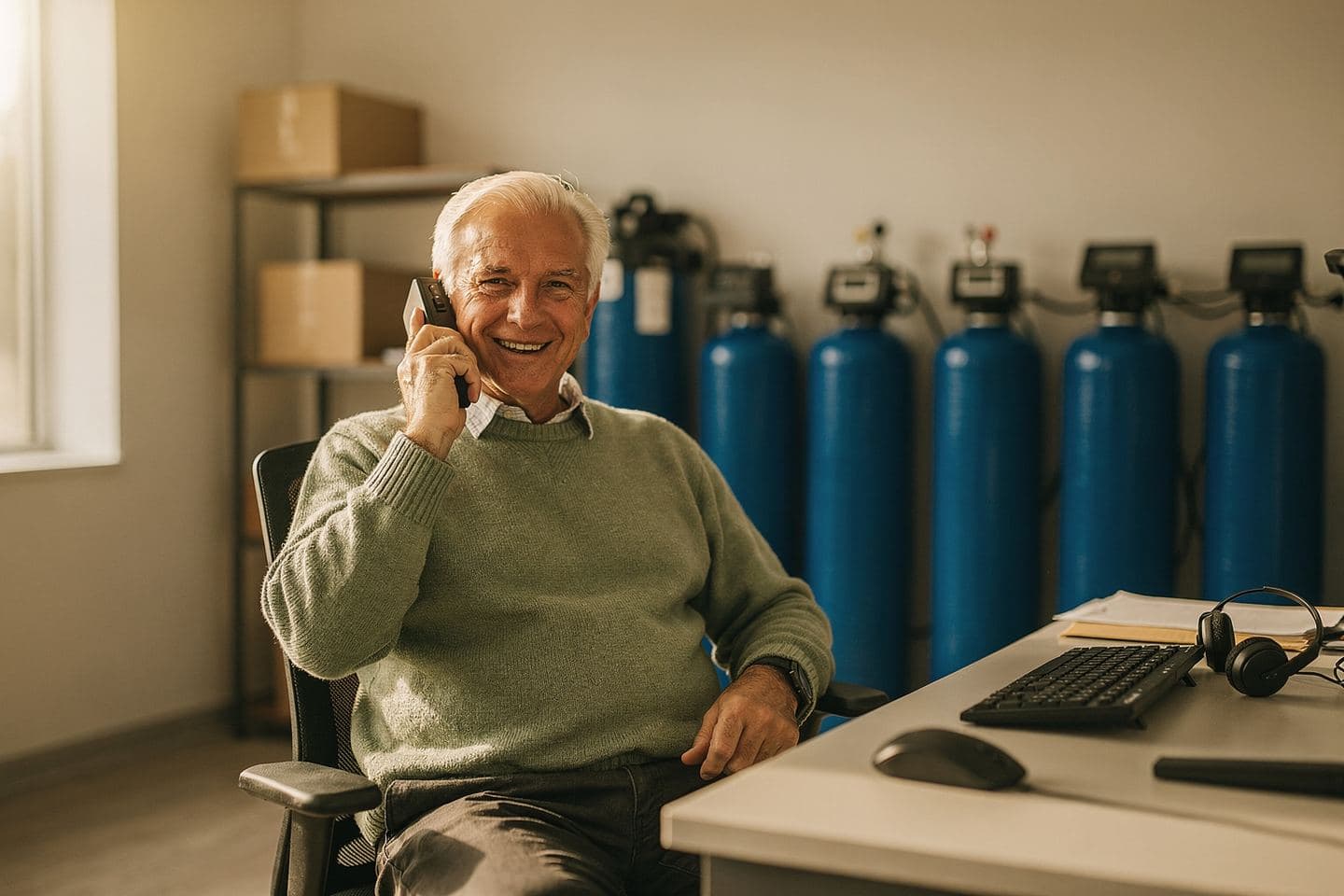 A smiling man takes a call at his desk in a water treatment showroom lined with blue softener tanks.