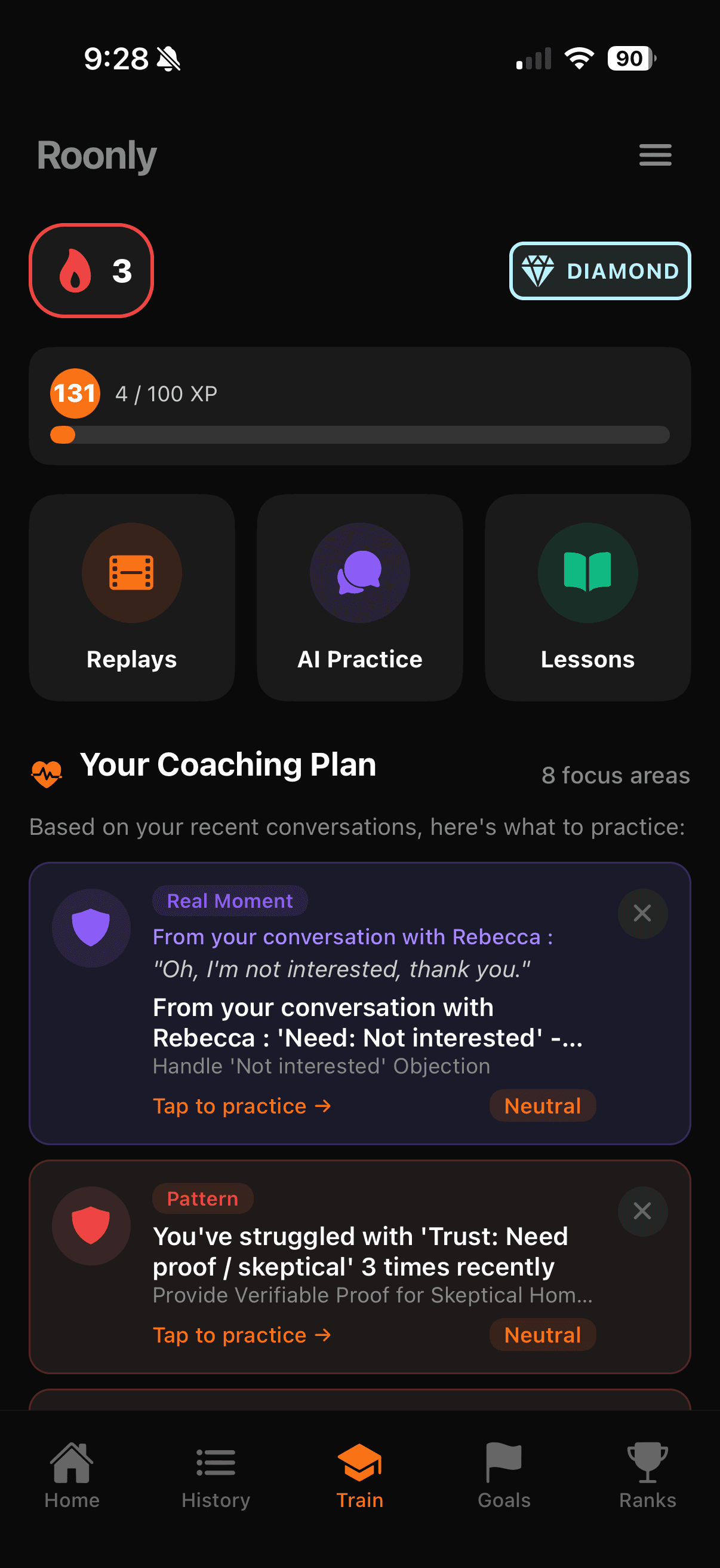 The Roonly app's Train tab: a coaching plan built from the rep's recent conversations, with a real moment to practice and a pattern the rep keeps struggling with