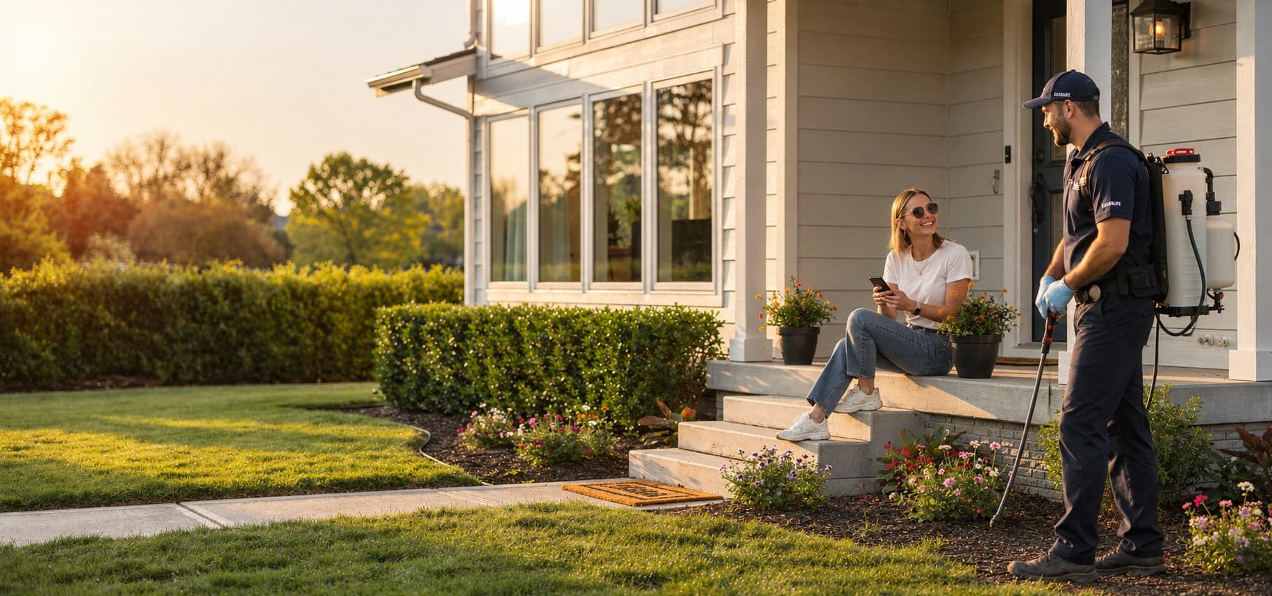 A pest control technician chats with a smiling homeowner on her porch after a service visit