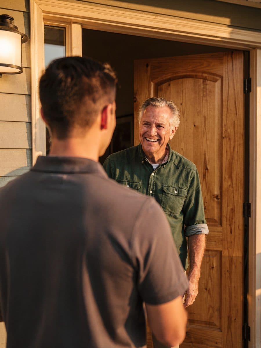 A rep talks with a laughing homeowner at his front door