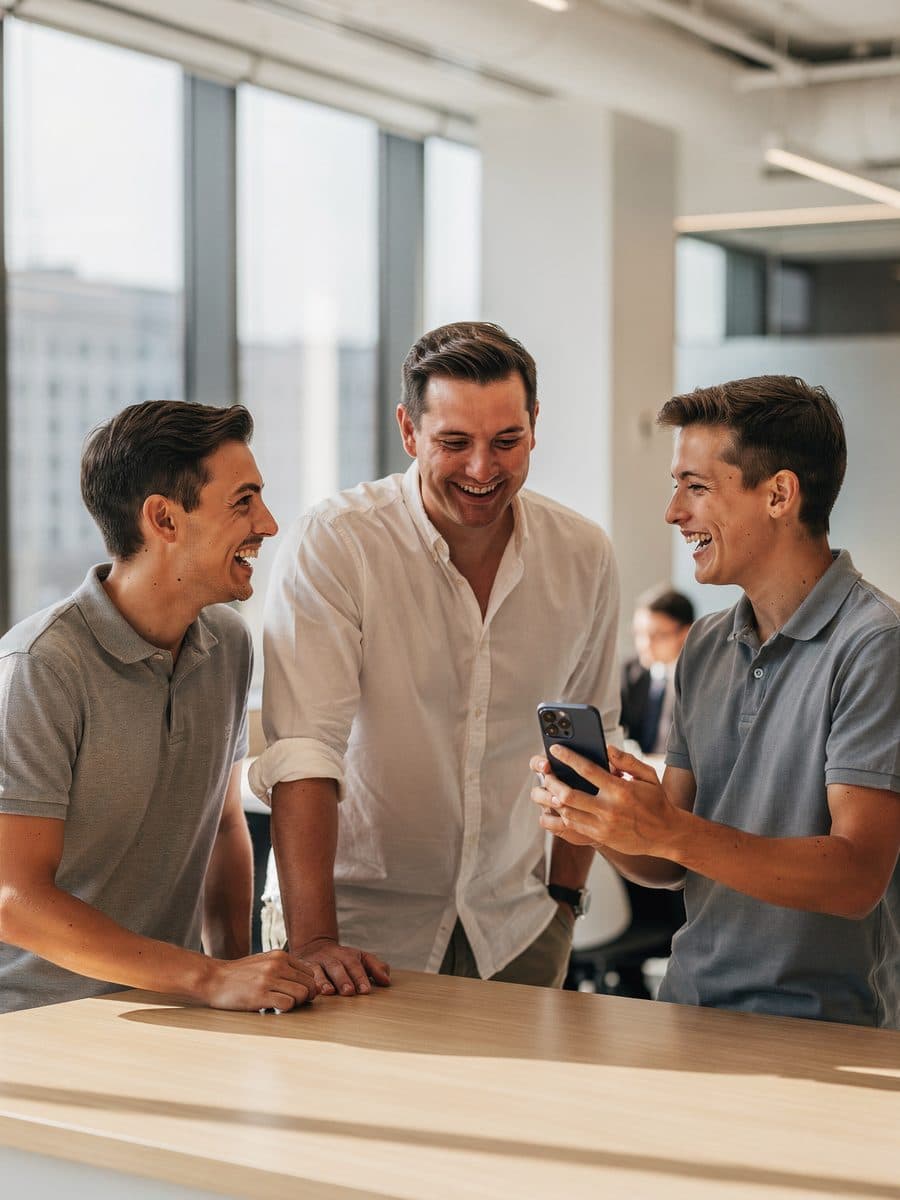 A sales manager and two reps laugh together over a phone in a bright office