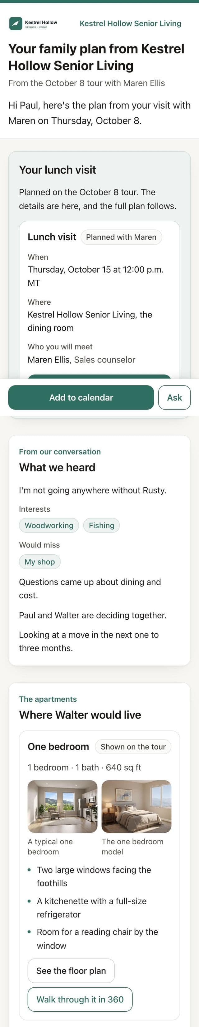 A family's plan from Kestrel Hollow Senior Living on a phone: the lunch visit, what we heard on the tour, and the apartment they liked with photos