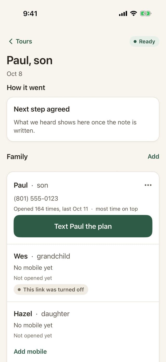 The Roonly app: a family's plan ready to review, with a button to text it to the family