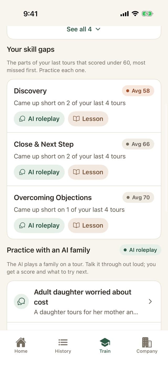 The Roonly app's Train tab: the counselor's skill gaps from recent tours, each with an AI roleplay and a lesson
