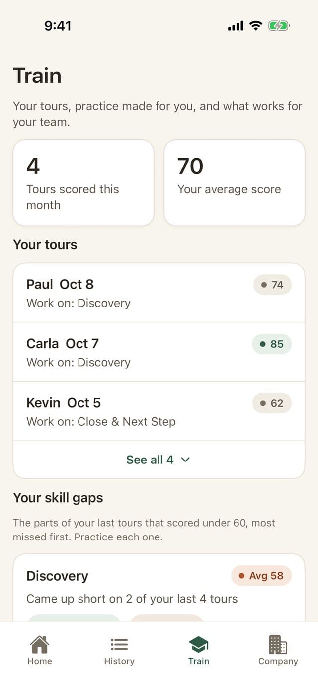 The Roonly app's Train tab: each tour scored, with the counselor's skill gaps and practice